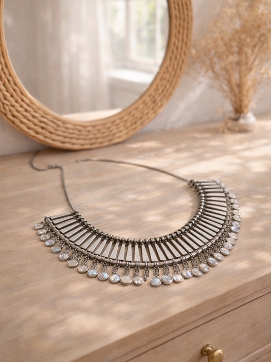 Lucky Brand Jewelry - Lucky Brand Boho Statement Bib Necklace Silver Tone Mother of Pearl
